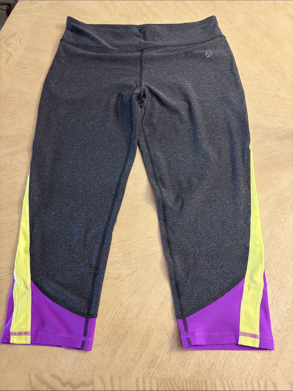 VOGO Athletica Charcoal Capri Leggings with Yellow and Purple Accents